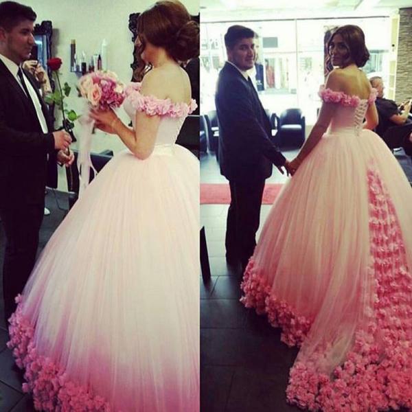 Saudi Arabia Wedding Dreses, White Wedding Gowns, Pink Flowers Wedding